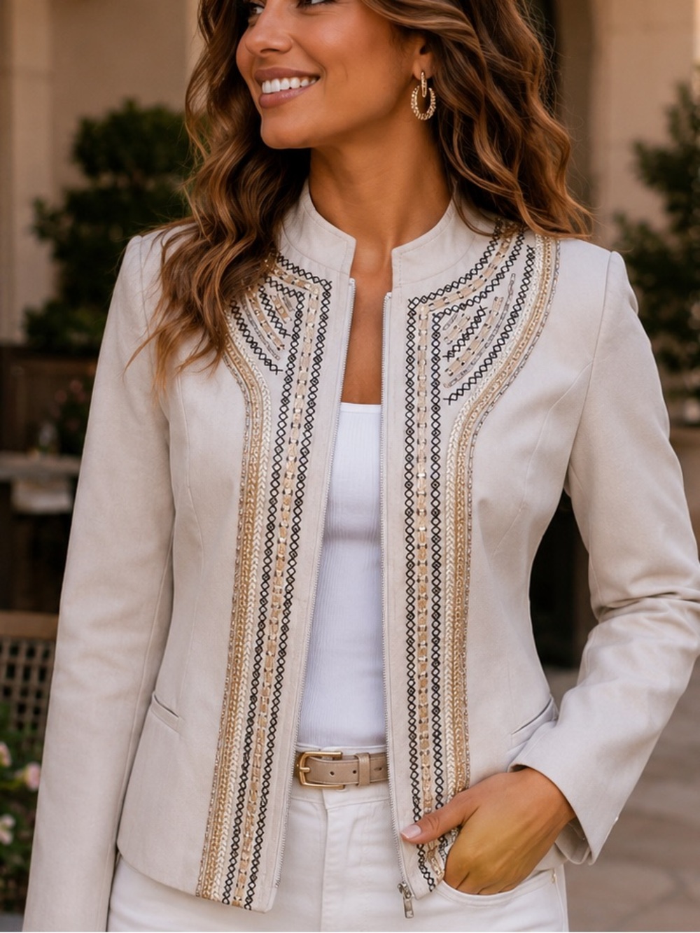 TanJay Cream Embroidered Zip-Front Jacket